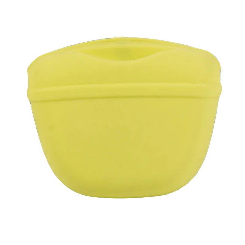 Front view of a yellow magnetic dog treat pouch made from flexible silicone.
