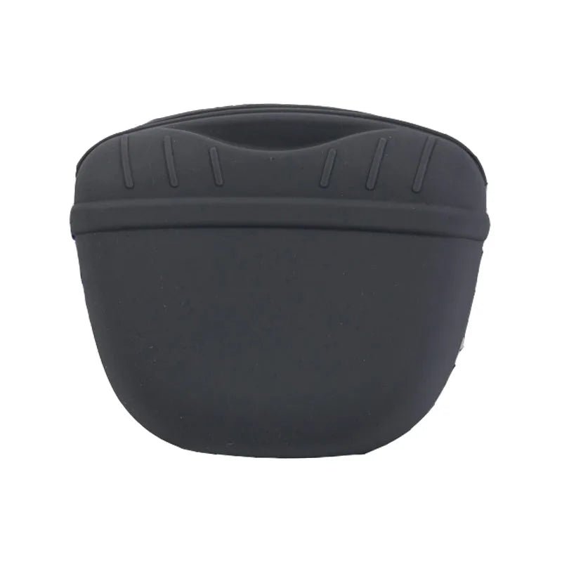 Front view of a black silicone magnetic dog treat pouch for training use.