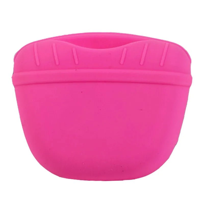 Front view of a pink silicone dog treat pouch designed for quick treat access.