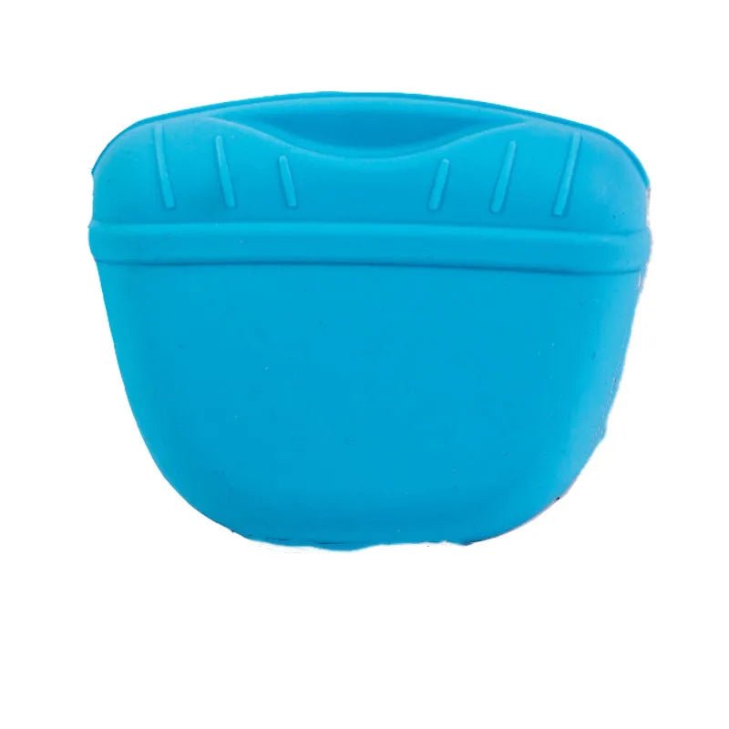 Front view of a blue silicone dog treat pouch designed for portability and training.