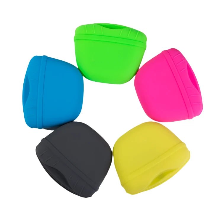 Colorful silicone dog treat pouches displayed in a circle, showing black, blue, green, pink, and yellow options.