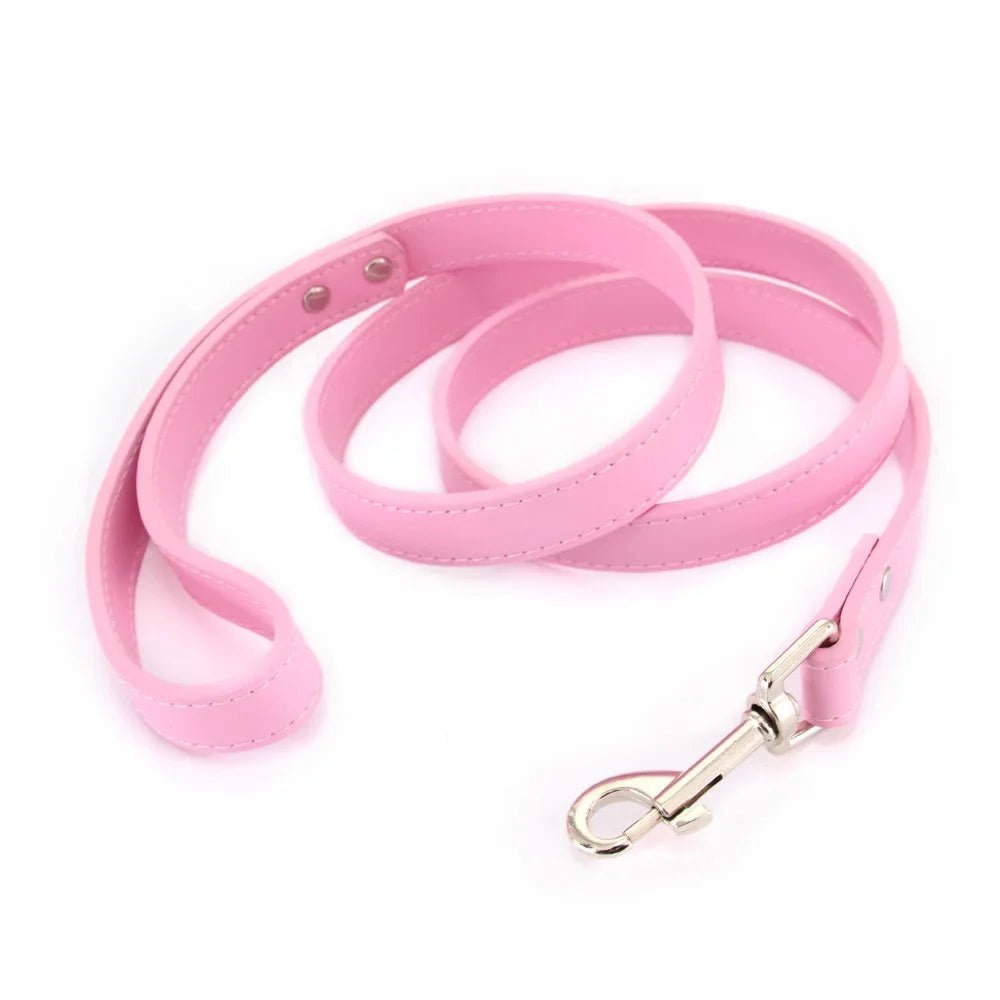 Close-up of premium light pink leather dog leash with padded handle and silver clasp