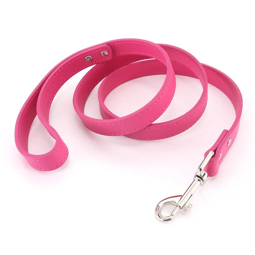 Close-up of premium pink leather dog leash with padded handle and silver clasp