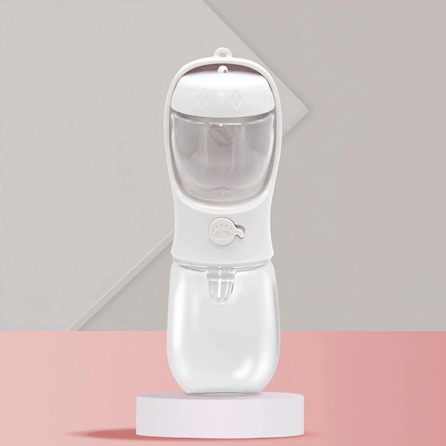 Standalone front view of the arctic white 2-in-1 dog travel water bottle and snack carrier