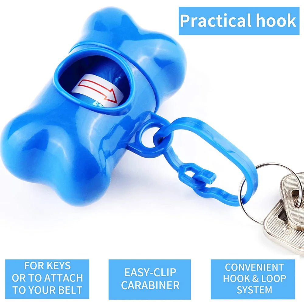 Close-up of blue poop bag holder with practical clip
