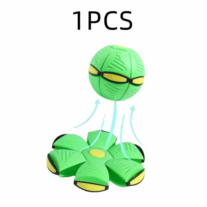 A standalone product shot displaying one piece of the green transforming saucer ball showing both the compressed ball and flat disc states