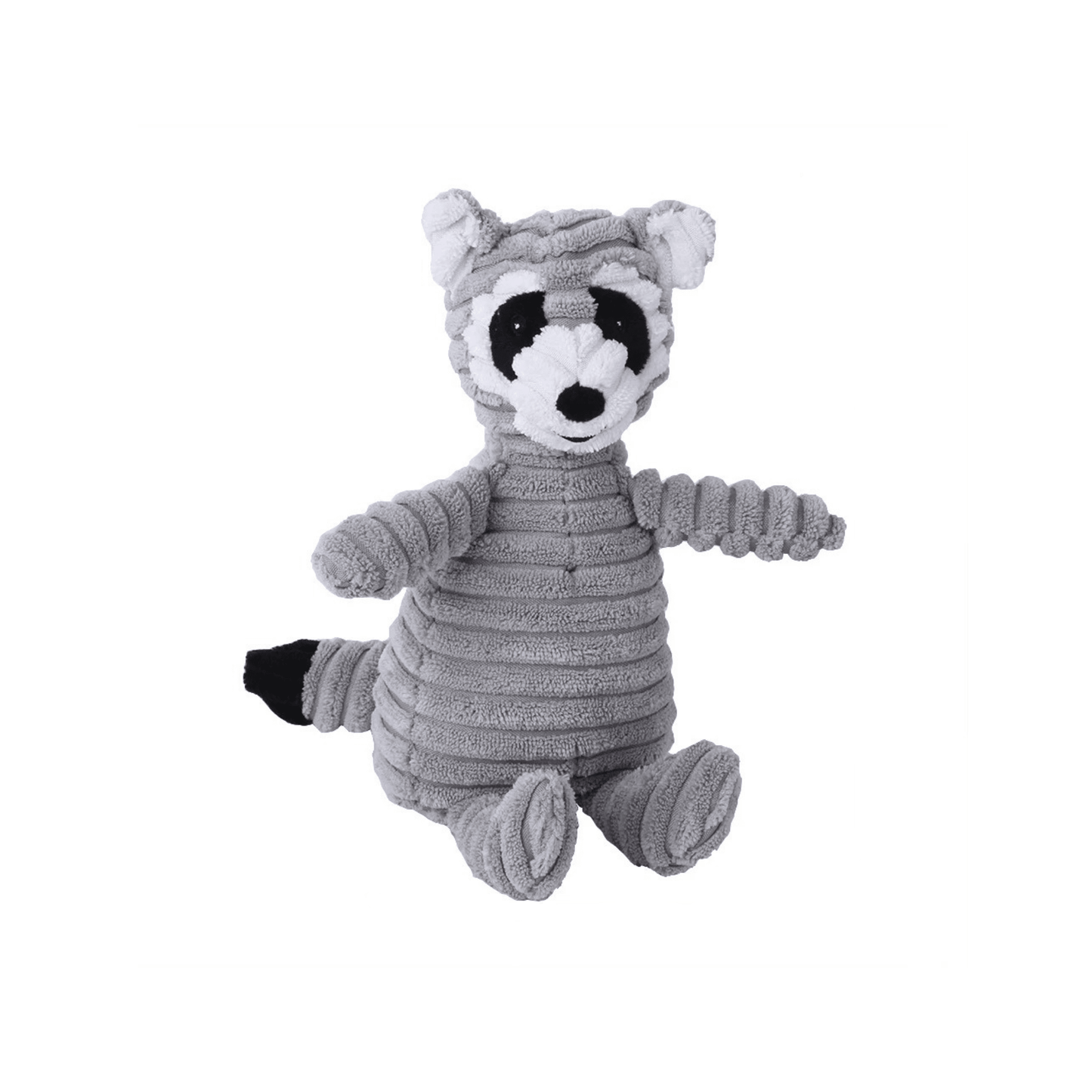 A standalone grey corduroy plush raccoon dog toy with a striped tail
