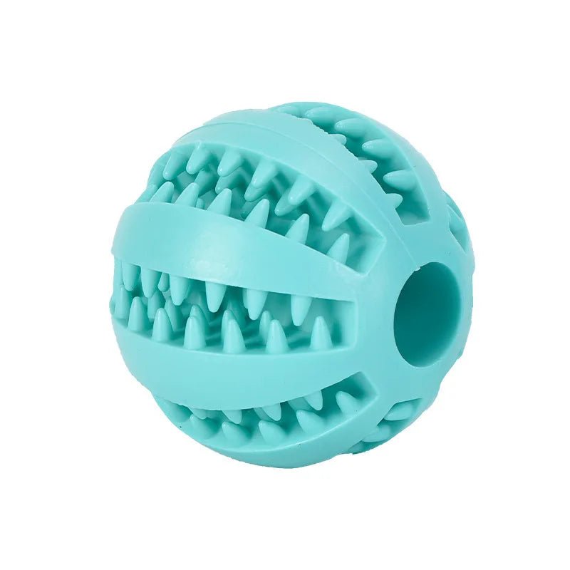 Front view of a standalone soft light blue rubber dental dog ball with grooved treat dispenser side slots
