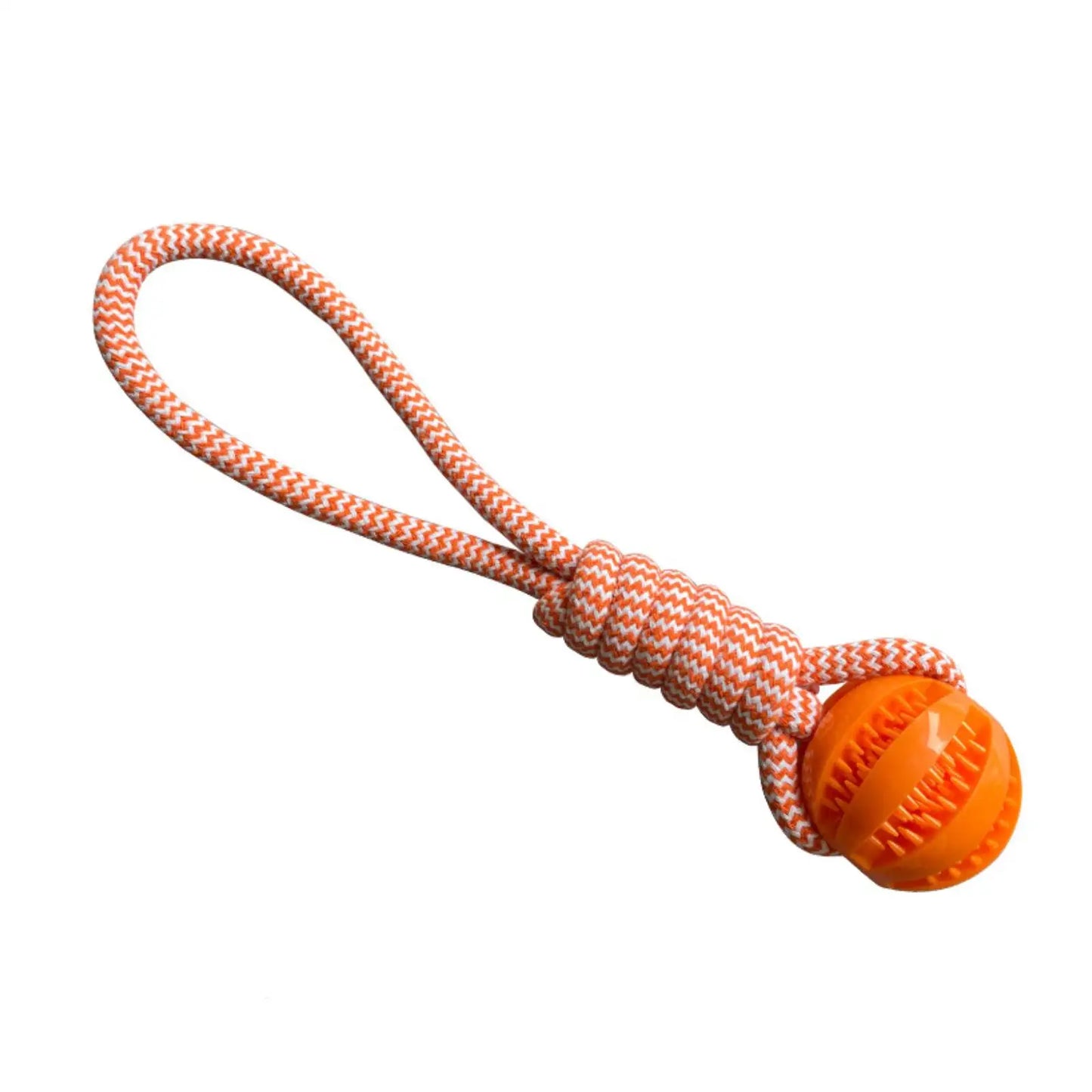 Front view of the standalone pinkish orange braided fiber rope loop toy attached to an orange textured rubber ball