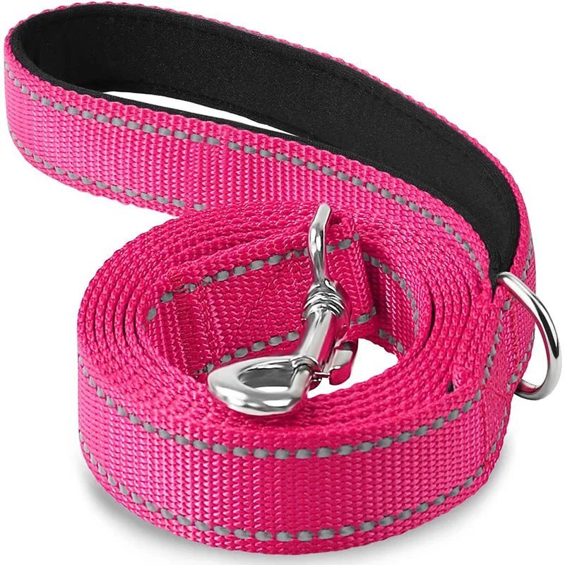 Rolled pink reflective leash with secure clip