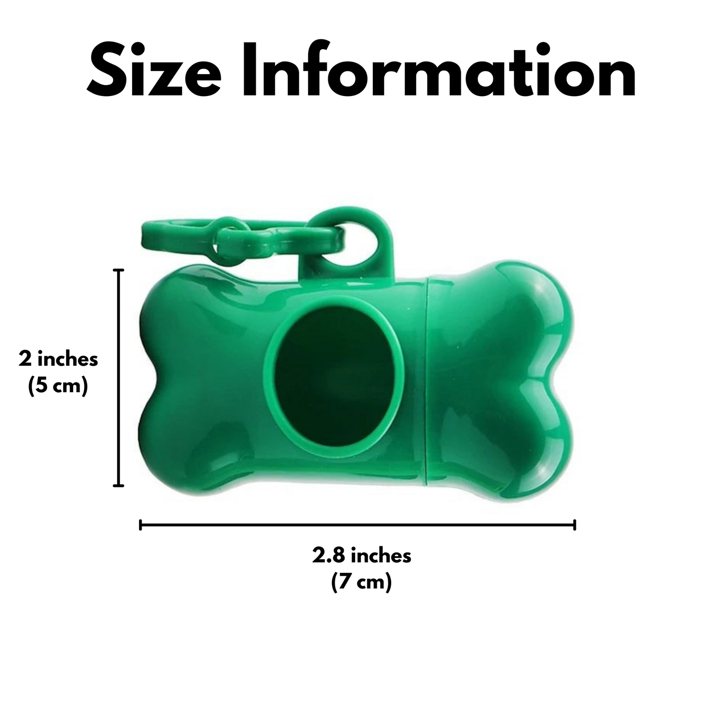 Size chart with measurements for bone-shaped dog bag holder
