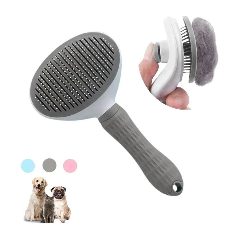 Self-cleaning slicker brush for dogs – gray comfort-grip with hair removal feature