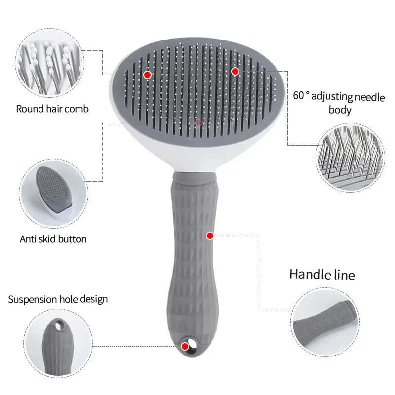 Self-cleaning slicker brush with included grooming tool