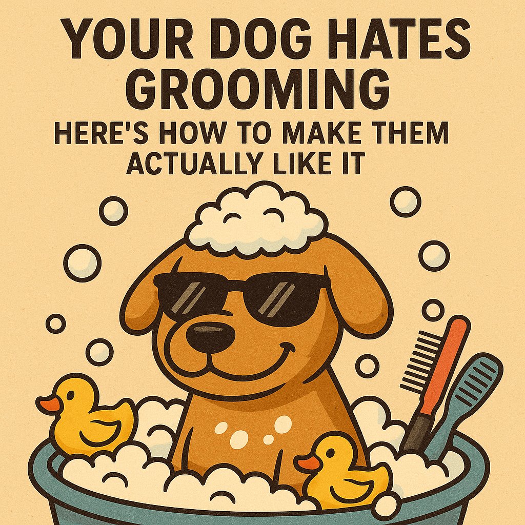 Cartoon dog in sunglasses enjoying a bubble bath with grooming tools and rubber ducks, promoting BarkBarrel’s blog on making dog grooming easier.