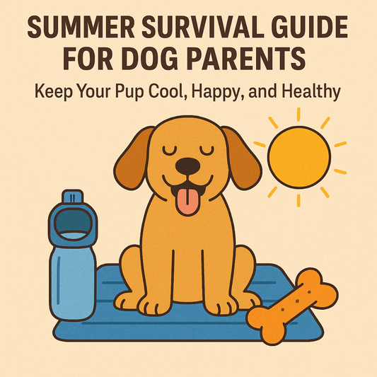 Cartoon dog sitting on a cooling mat with water bottle and toy bone, featured in BarkBarrel’s Summer Survival Guide for Dog Parents.