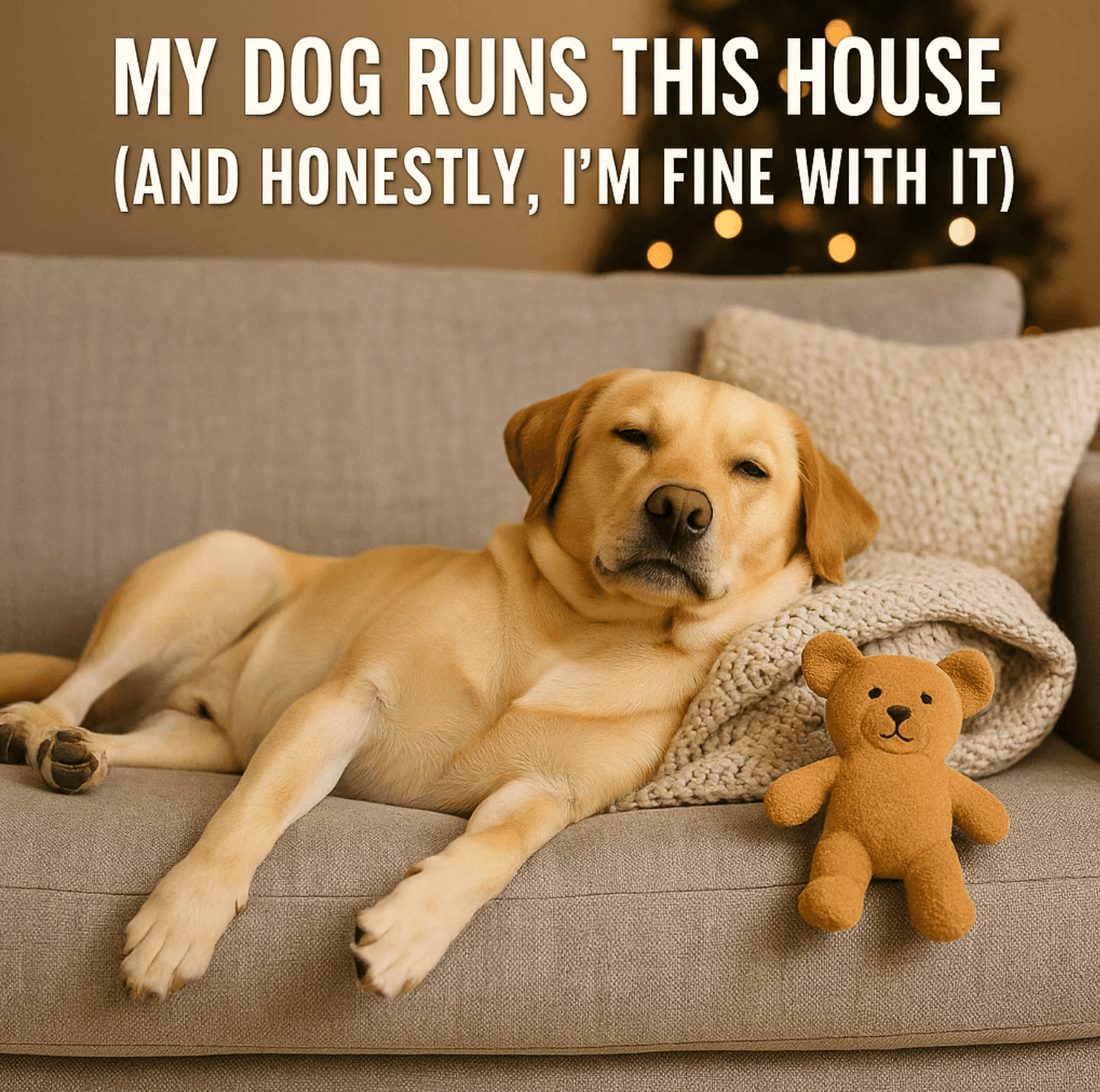 Golden retriever lying on a couch with a plush toy, featured in BarkBarrel’s blog “My Dog Runs This House (And Honestly, I'm Fine With It).”