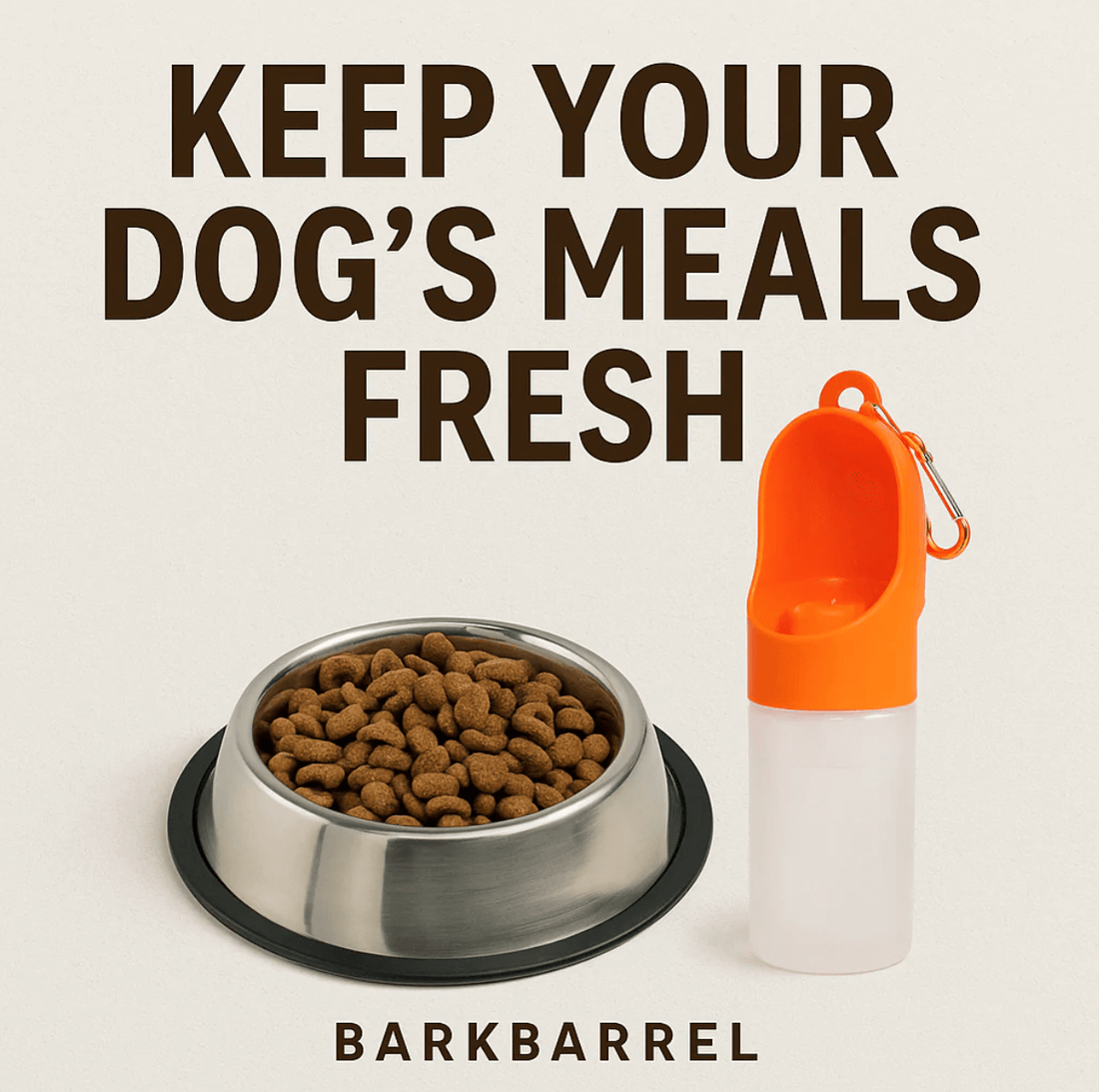Dog food bowl and portable water bottle on neutral background, featured in BarkBarrel’s blog “Best Essentials to Keep Your Dog’s Food and Water Fresh.”