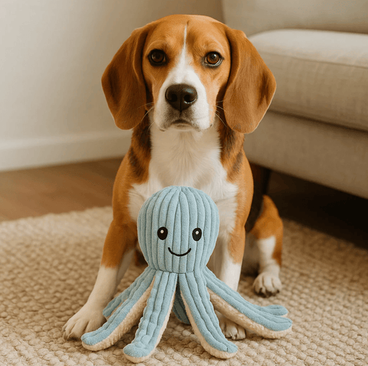 Beagle holding a plush octopus toy while sitting on a carpet, featured in BarkBarrel’s blog “Why Dogs Love Plush Toys – And How to Pick the Right One.”