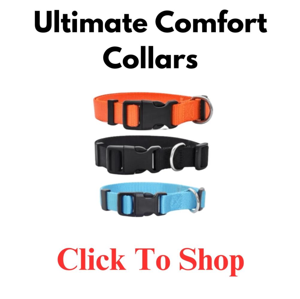 Three dog collars in orange, black, and blue stacked text reading Ultimate Comfort Collars Click To Shop