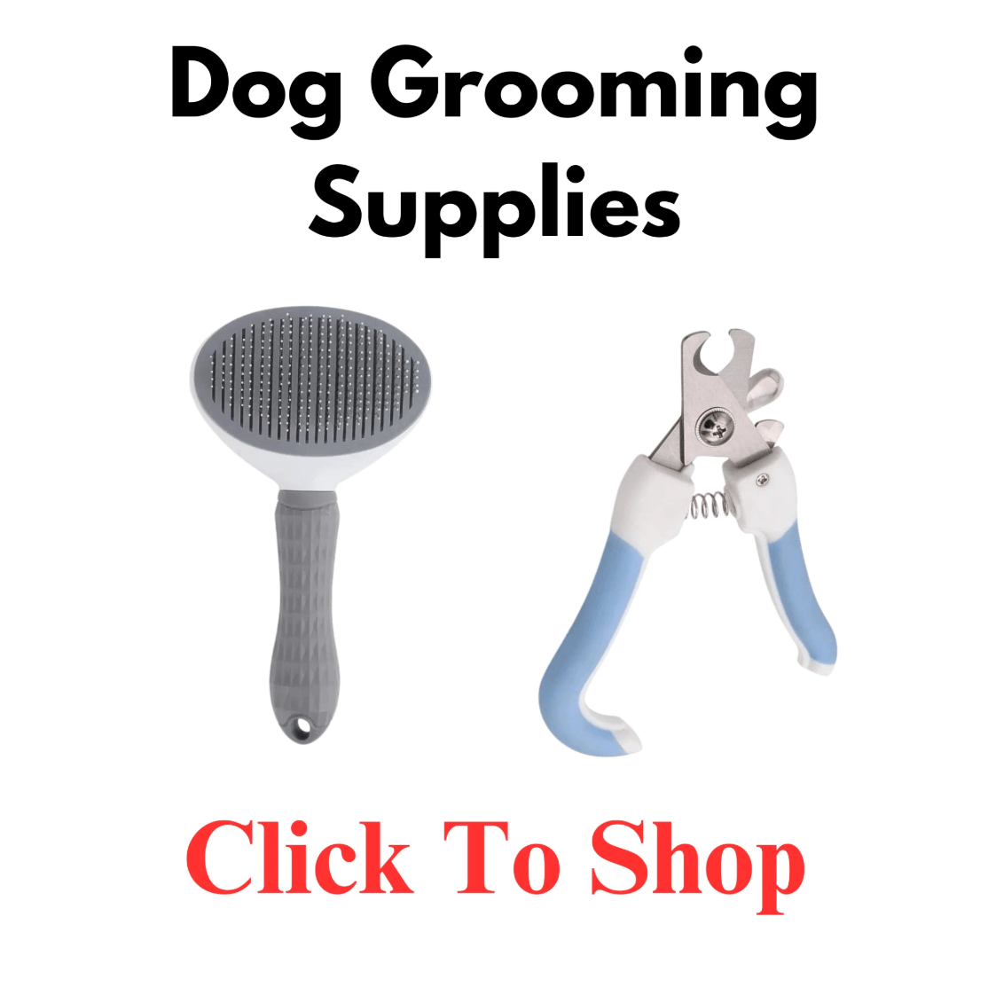 Dog grooming supplies graphic with brush and nail clipper – click to shop BarkBarrel tools