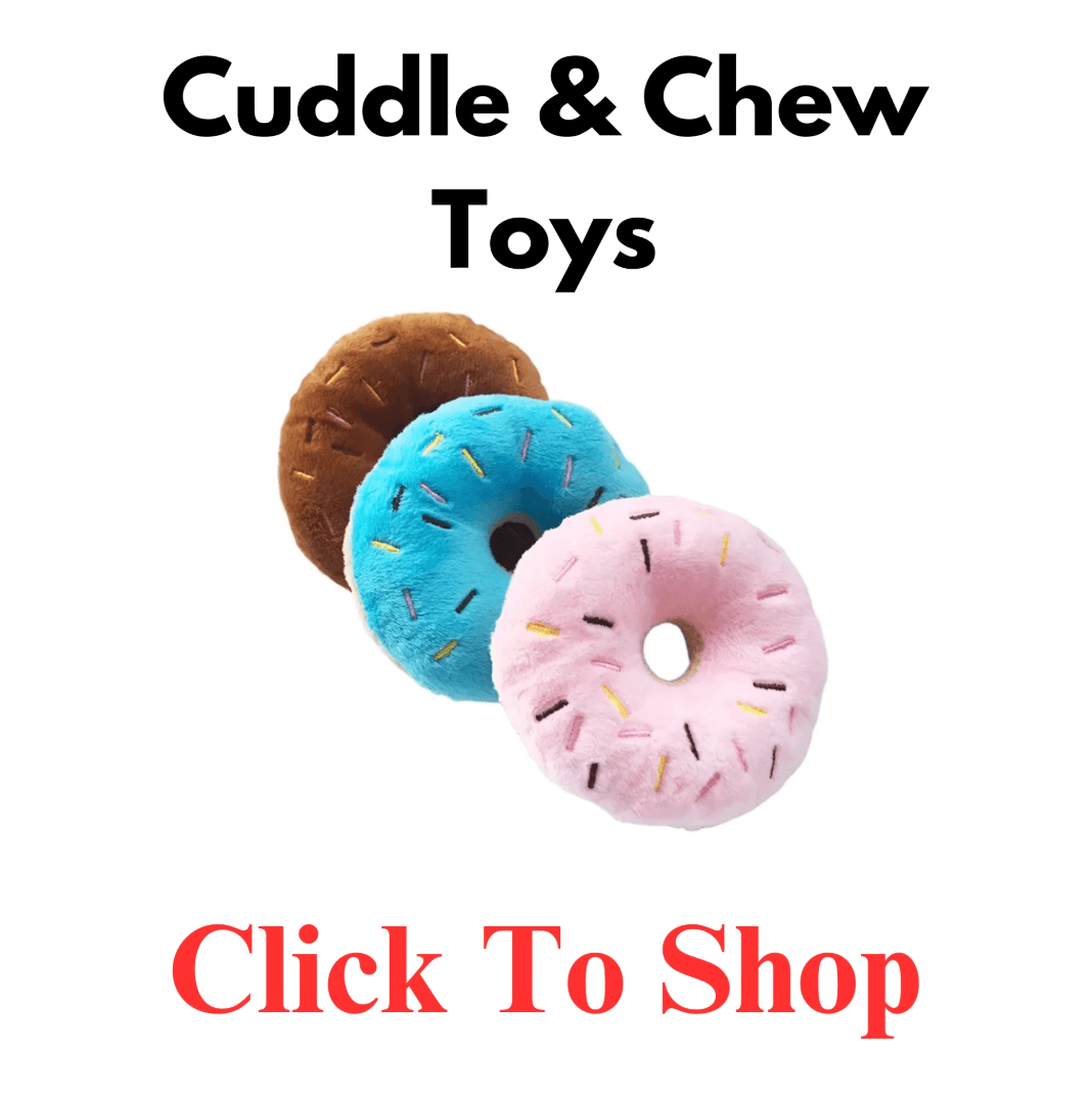 Plush cuddle and chew toys for dogs, including squeaky and soft designs