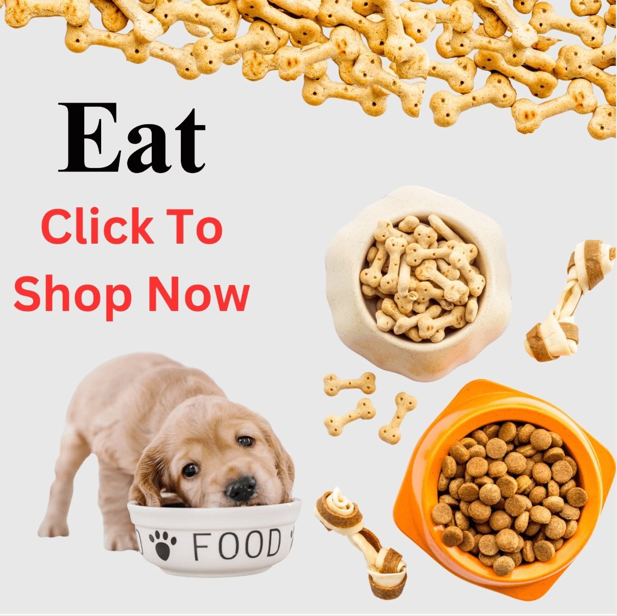 A puppy eating surrounded by spilled kibble and an orange slow feeder bowl with text reading Eat Click To Shop Now