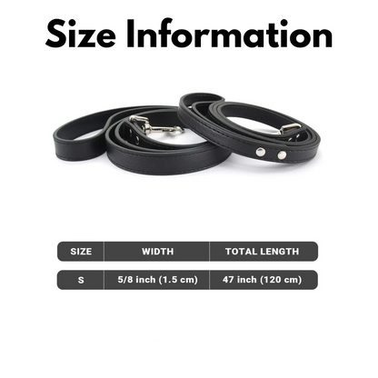 Premium Leather Dog Leash size information chart showing 5/8 inch width and 47 inch length