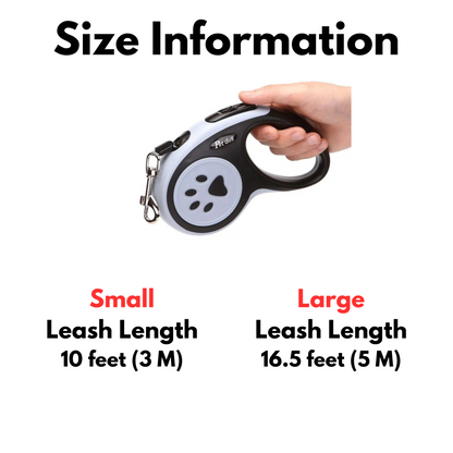 Size chart for lightweight retractable dog leashes showing 10 ft and 16.5 ft leash options