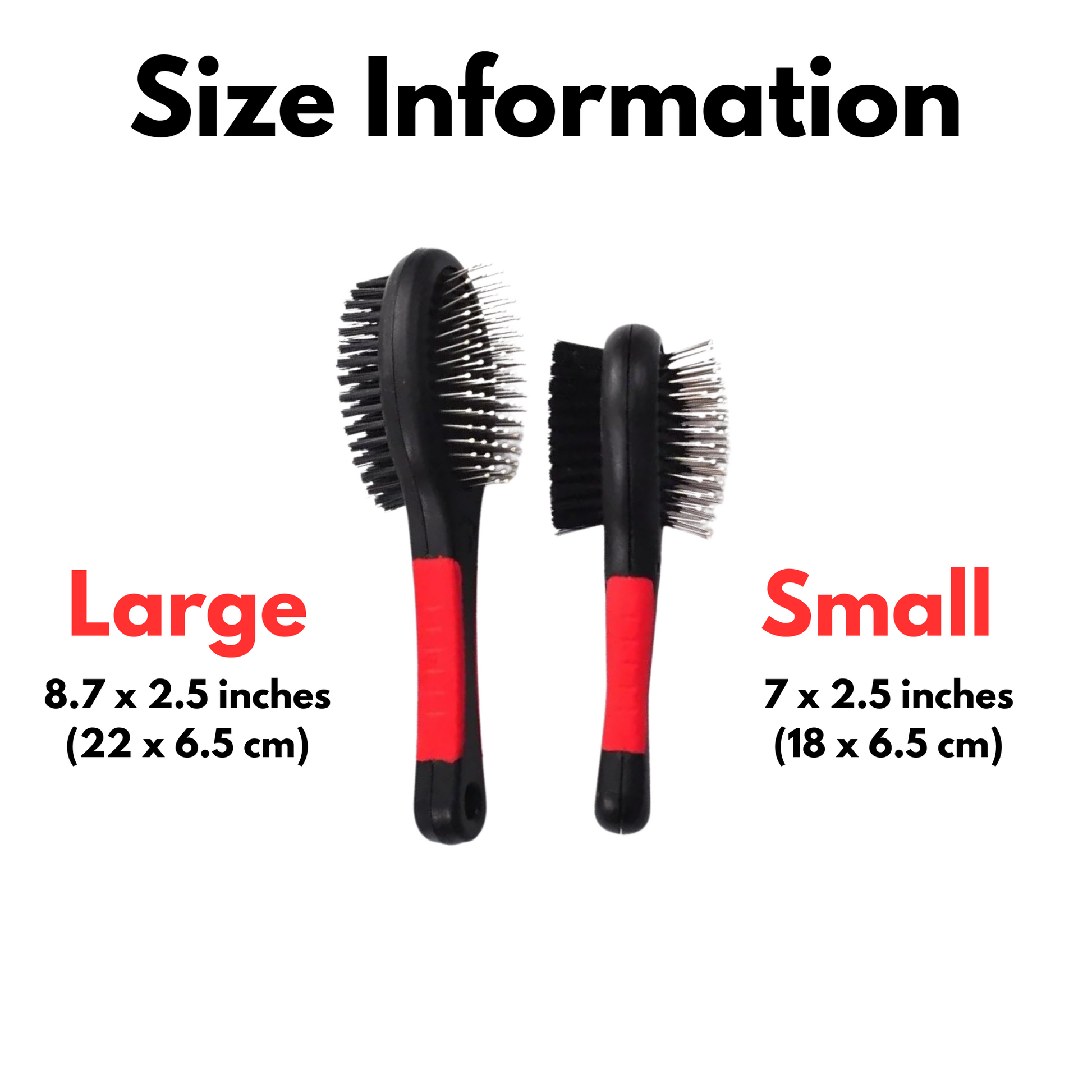 Size chart for 2-in-1 dog brush showing small and large dimensions
