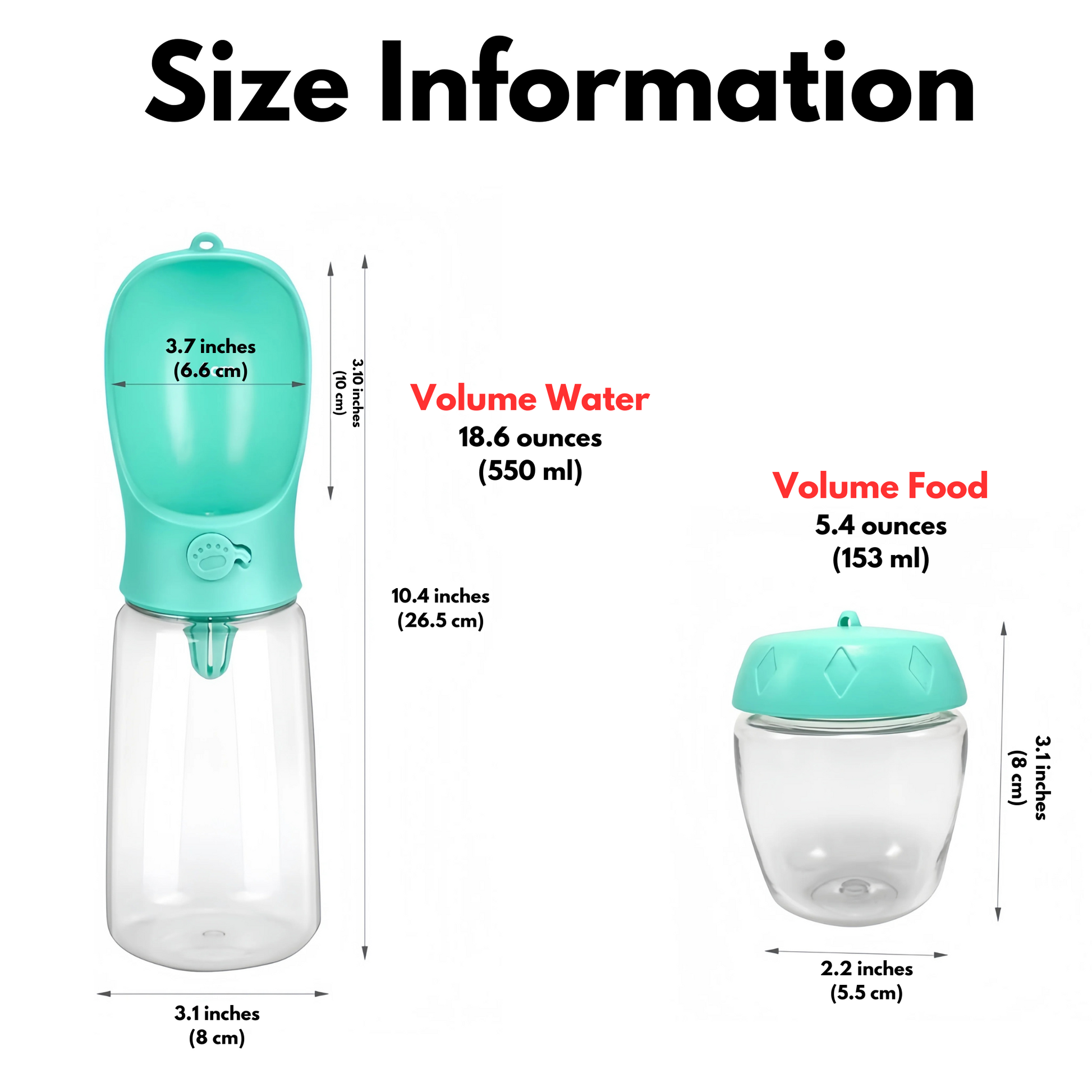 Size chart showing dimensions of dog travel water bottle and food container