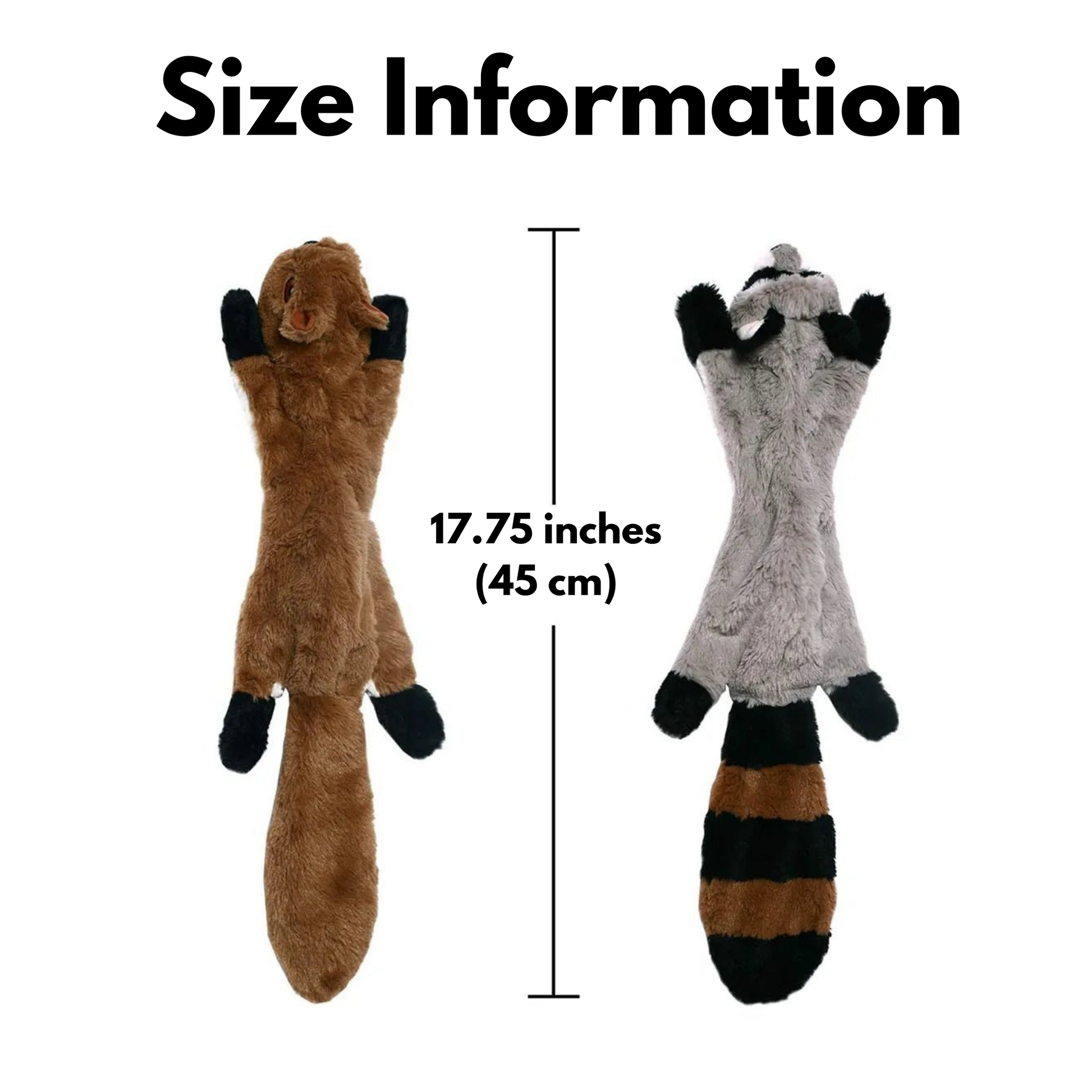Size chart for stuffingless plush dog toys showing crocodile and raccoon variants – BarkBarrel