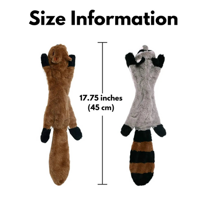 Size chart for stuffingless plush dog toys showing crocodile and raccoon variants – BarkBarrel
