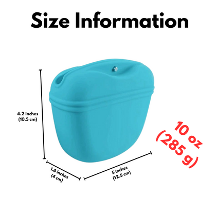 Size diagram of blue silicone dog treat pouch showing 5 inches width, 4.2 inches height, and 1.6 inches depth.