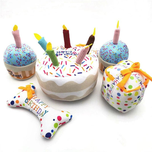 Colorful birthday cake and cupcake plush dog toys with squeakers