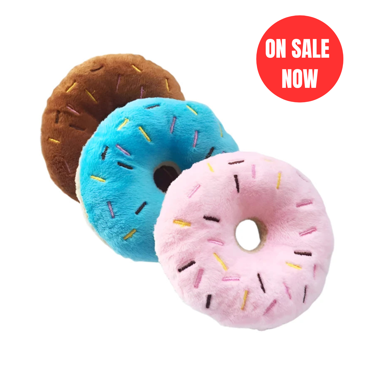 Donut-shaped squeaky dog toys in pink, blue, and brown with soft plush design - On Sale Now