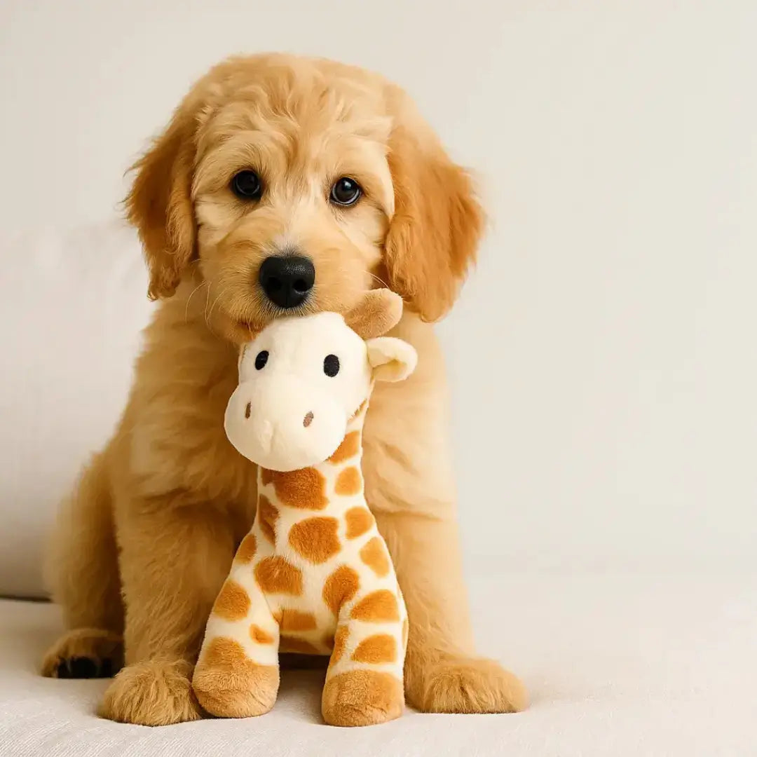 Golden retriever holding a soft plush dog toy on a white rug – BarkBarrel homepage banner featuring durable, squeaky toys for dogs.