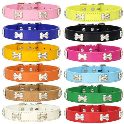 Classic Leather Dog Collar with Bone Charms - Adjustable & Strong