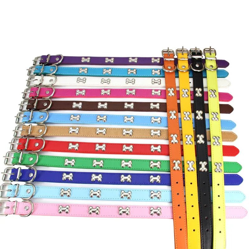 Classic Leather Dog Collar with Bone Charms - Adjustable & Strong