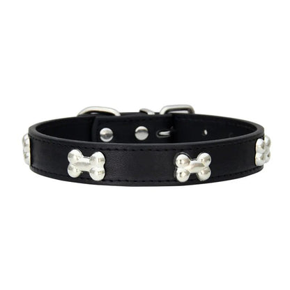 Classic Leather Dog Collar with Bone Charms - Adjustable & Strong