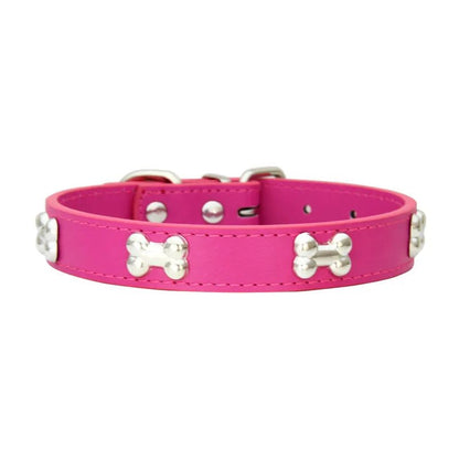 Classic Leather Dog Collar with Bone Charms - Adjustable & Strong