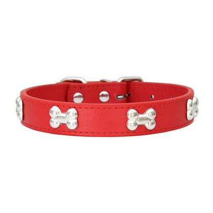 Classic Leather Dog Collar with Bone Charms - Adjustable & Strong