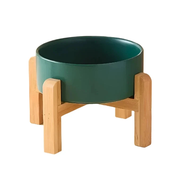 Elevated Ceramic Dog Bowl with Wooden Stand