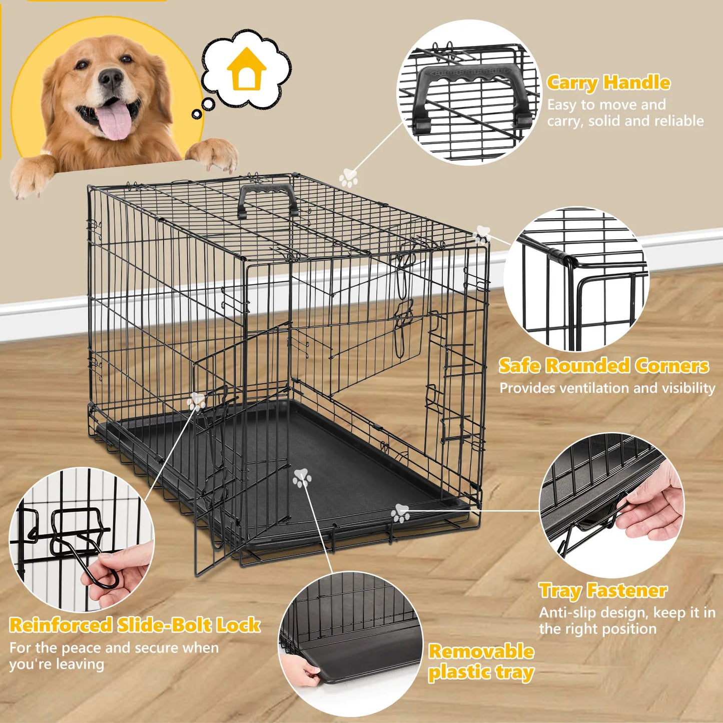 Foldable Double Door Dog Crate with Leak-Proof Tray