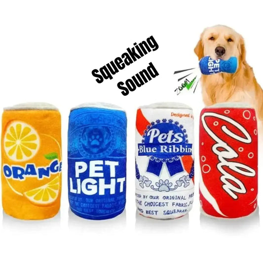 Squeaky soda can dog toys – realistic plush cans in fun colors