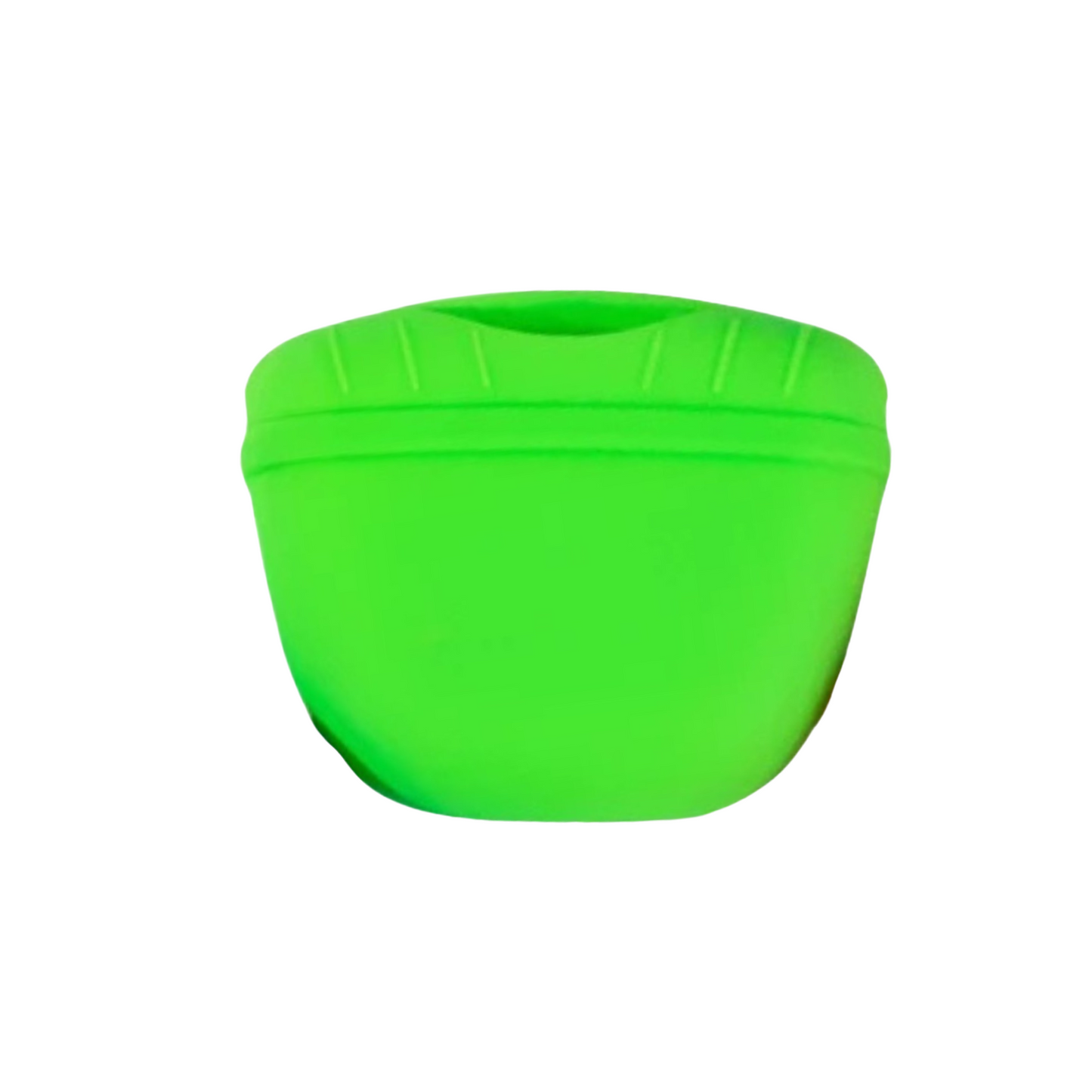 Front view of a green compact dog treat pouch with a curved ergonomic design.