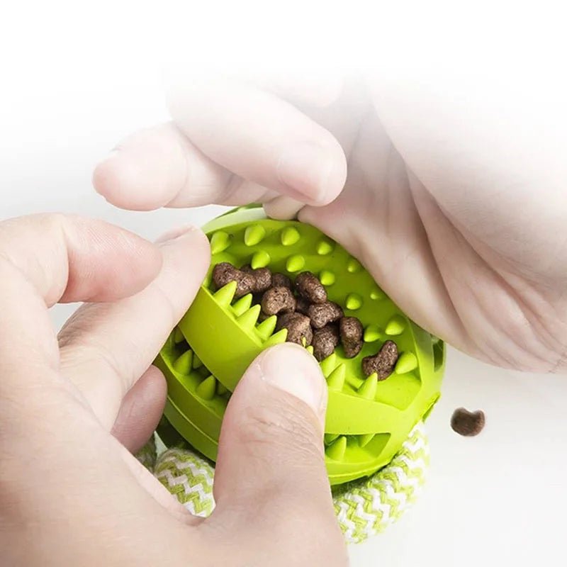 Close up view of hands stuffing small training treats into the specialized grooved slots of the green rubber leaking ball