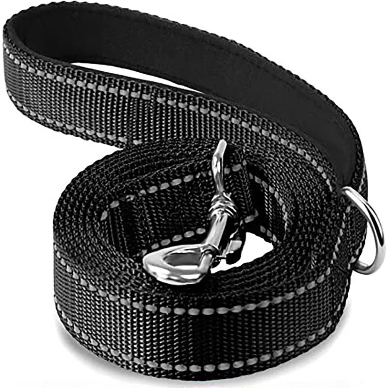 Coiled classic black reflective nylon dog leash with black neoprene comfort grip