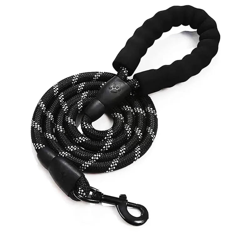 Coiled heavy duty black reflective nylon rope dog leash with a black padded foam handle