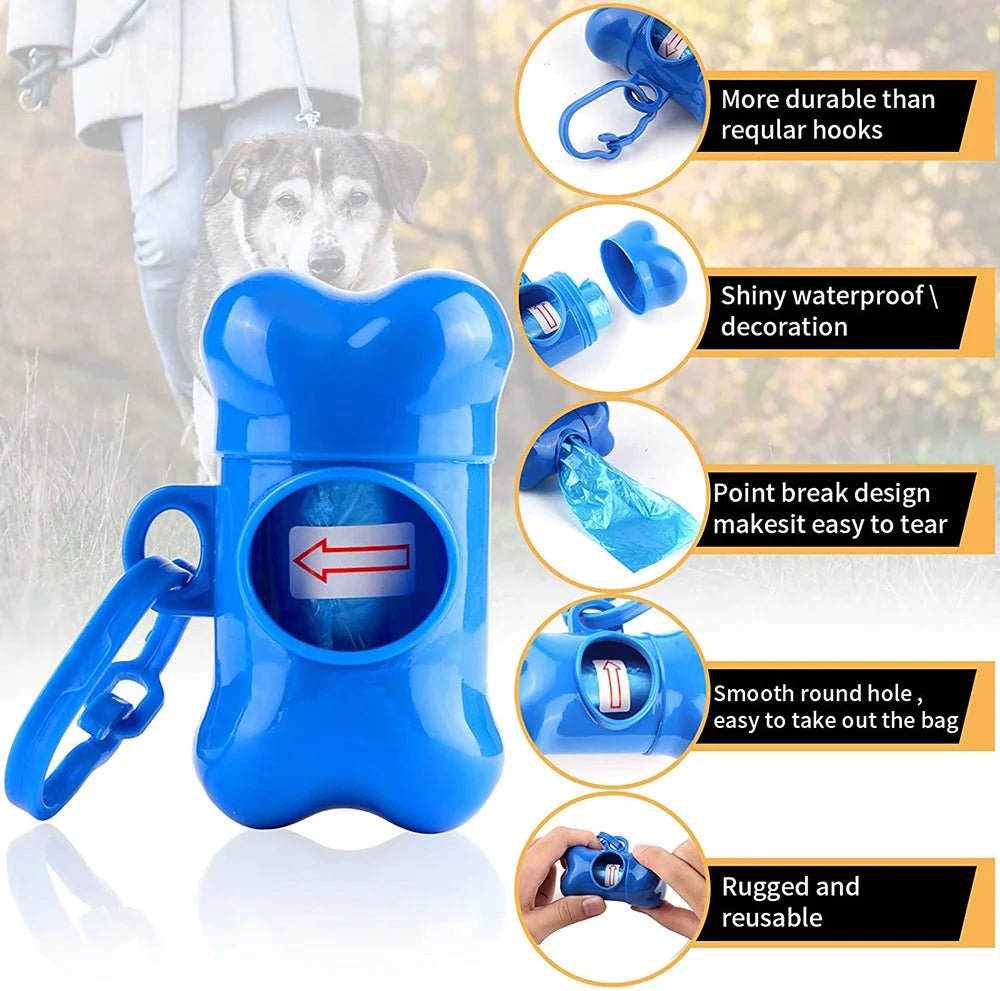 Product view of blue bone poop bag holder with roll shown