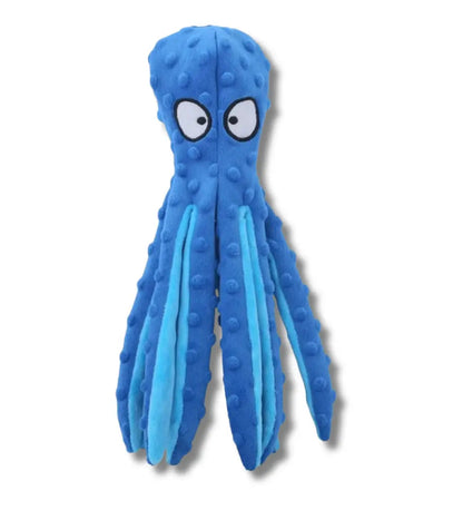 Front view of the standalone blue mesh octopus dog toy against a plain white background